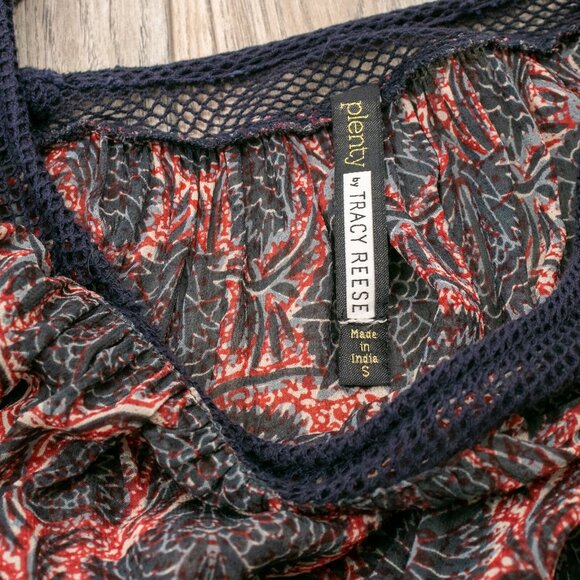 Plenty by Tracy Reese Boho Sheer Blouse Women’s S Gauze Batik Print Crochet Trim - Picture 2 of 13